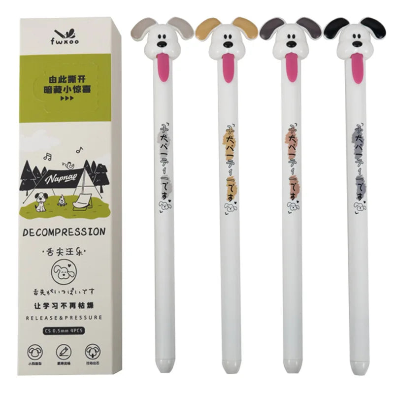 4PCS/Set Cat Gel Pen Creative Dog Gel Ink Pen Tongue Pulling Writing Pen 0.5MM Black Refill Neutral Pen Quick Dry Stationery Pen
