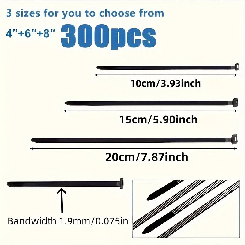 300pcs Heavy-Duty Self-Locking Cable Ties - Adjustable Waterproof Zip Tie, Anti-Sagging & Slide | Wear Resistant | Bend Proof