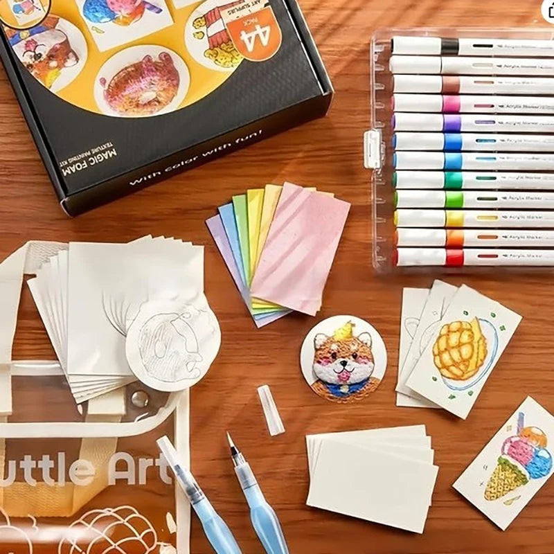 With Drawing Pens Magics Texture Painting Kit with 10 Foam Paint Paper 12 Markers DIY Bubble Drawing Pens for Painting Art Craft