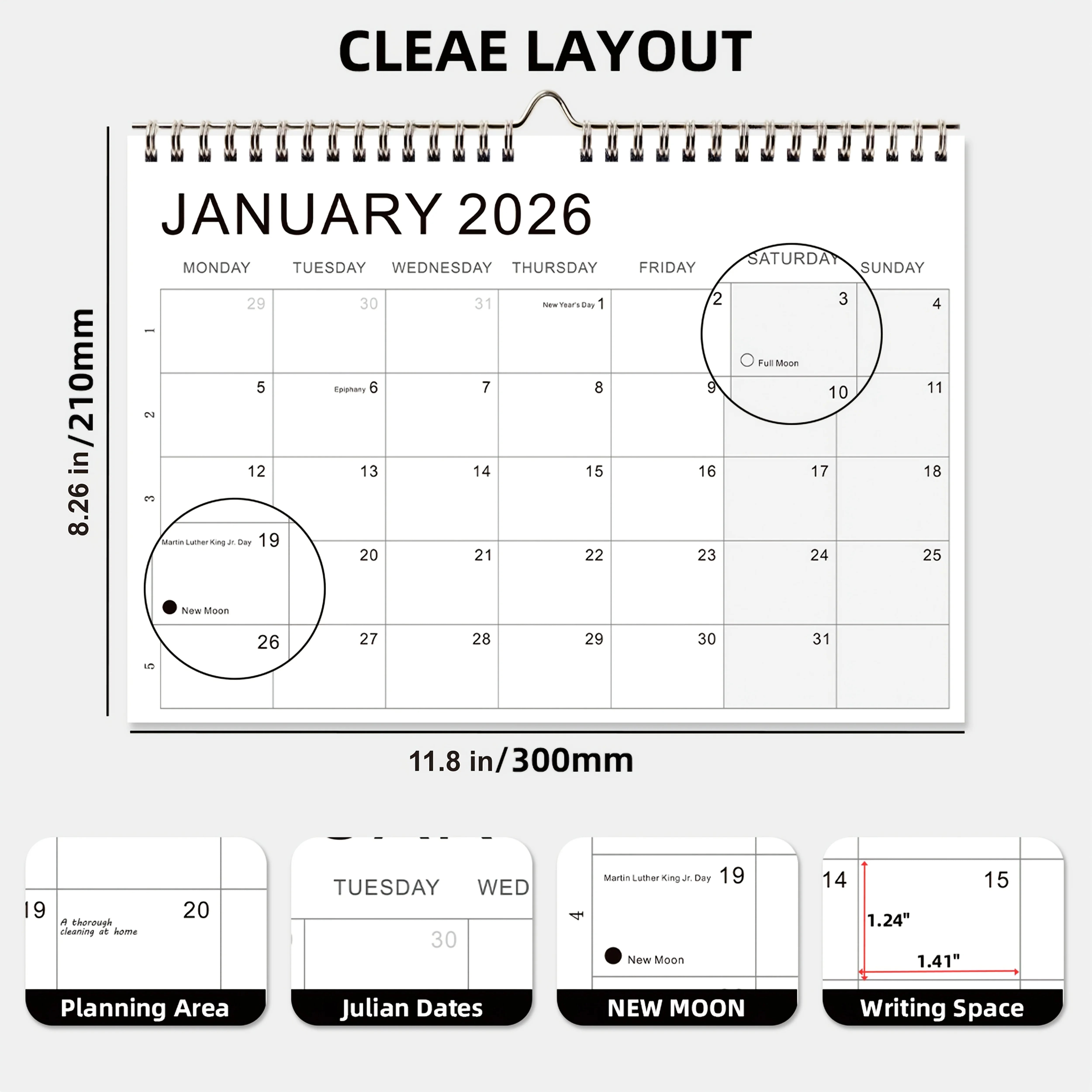 1pc Weekly Planner Calendar 2026-2027 - 52-Week View with Monthly Tabs,Full Moon & New Moon Markings, Monday-to-Sunday Layout