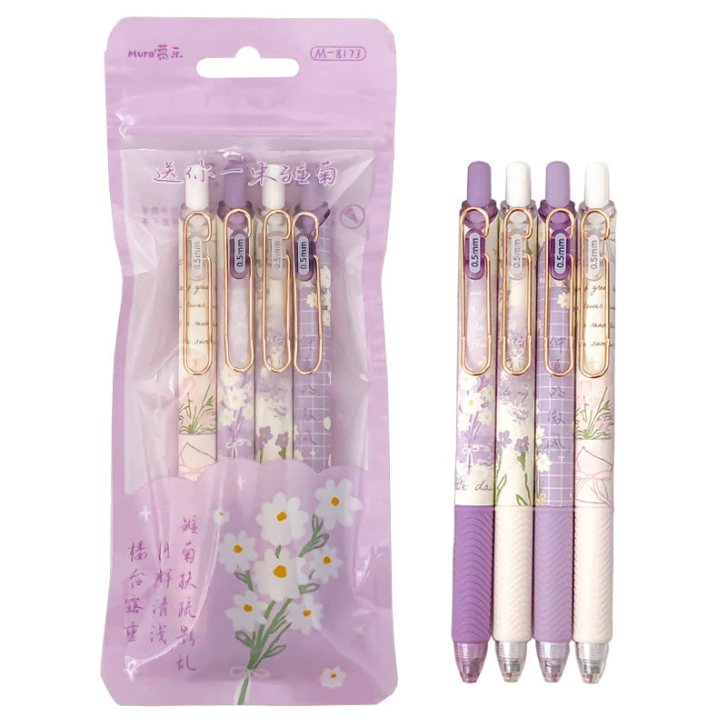 4PCS/Pack 0.5MM Gel Pens Sets For Students Retro Flower Design Writing Pen Black Refill Gel Pens Stationery Office School Supply